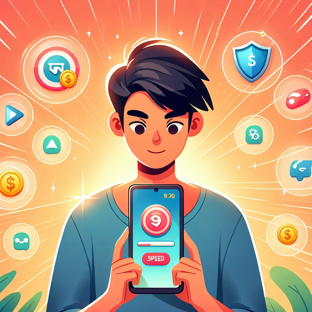 Cartoon character using the 444BD app on a smartphone with gaming icons around