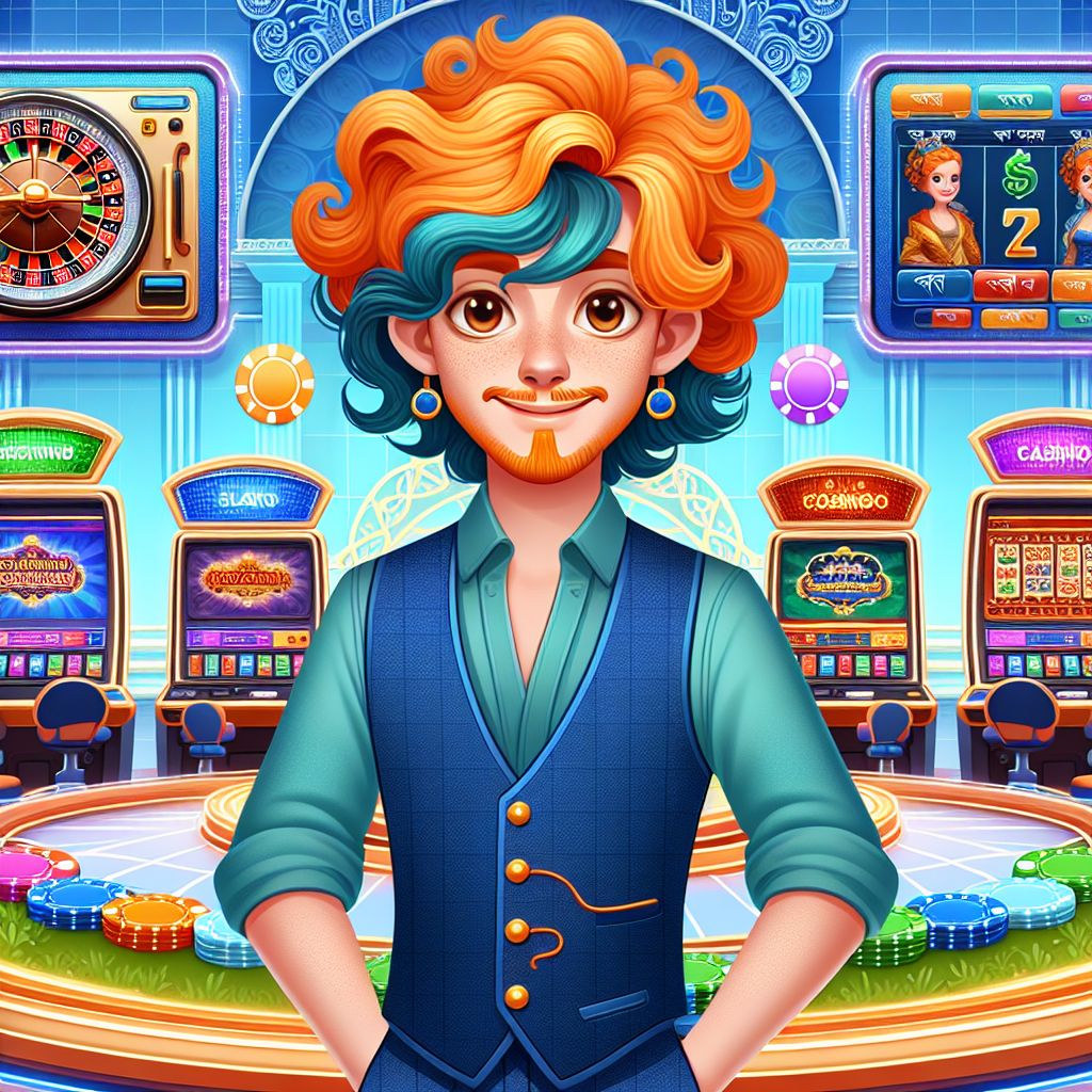 444BD casino cartoon character in a bright online casino lobby with slot machines and chips