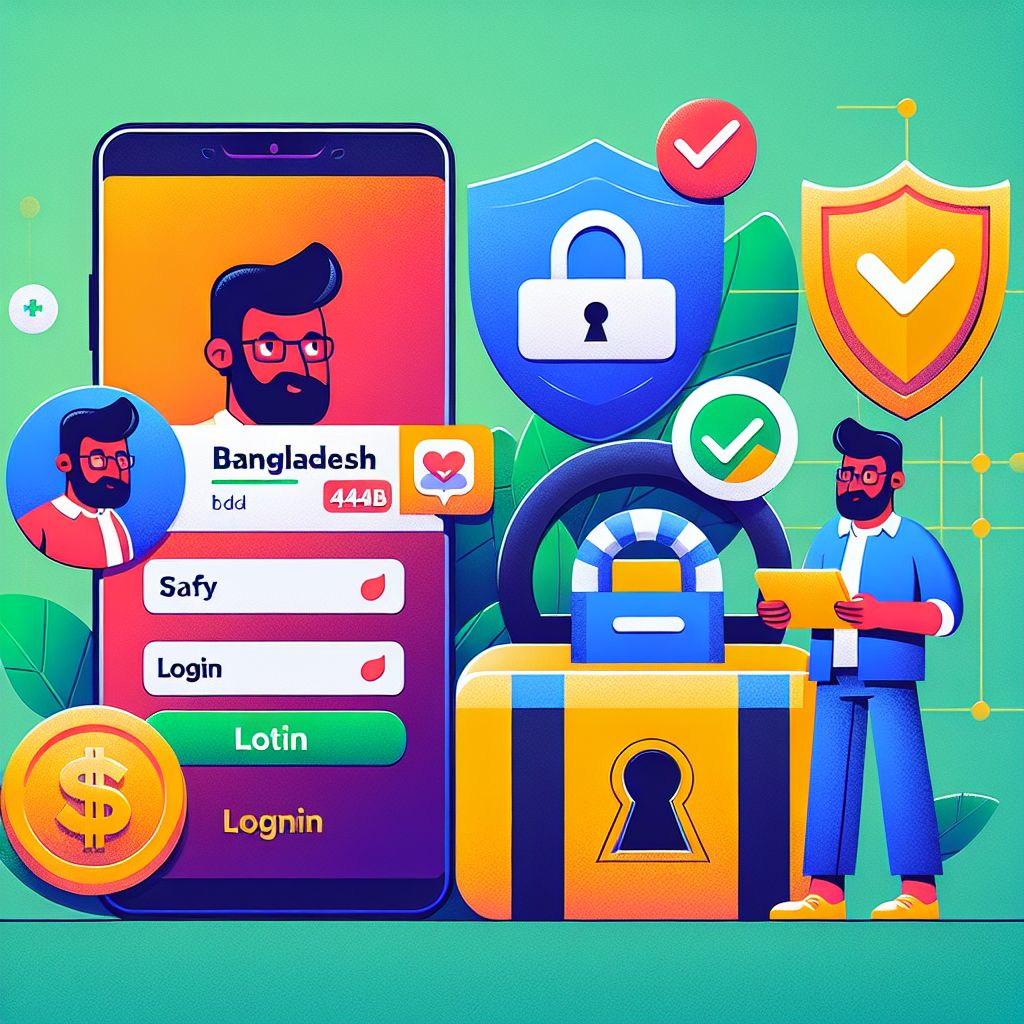 একটি কার্টুন চরিত্র স্মার্টফোনে নিরাপদে 444BD অ্যাকাউন্টে লগইন করছে